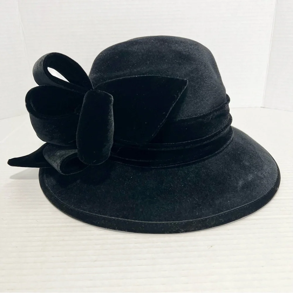 VTG Kokin Black Velvet Wide Brim Bowknot Women's Hat Chic Old Hollywood Retro